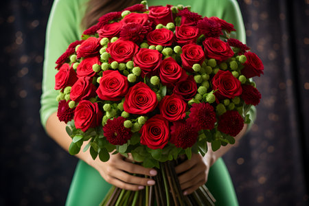 Big beautiful bouquet of red roses flowers close up in woman hands on green background. Date, Valentine Day or other holiday or event concept. Generated ai.の素材