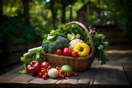 Fresh organic various vegetables in wicker basket on wooden table in garden. Selective focus. Harvesting concept. Healthy background. Generated ai.の素材