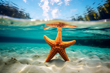 Big orange starfish in the sea with tropical beach on background, selective focus. Underwater blue ocean life, ecosystem concept. Generated ai.の素材