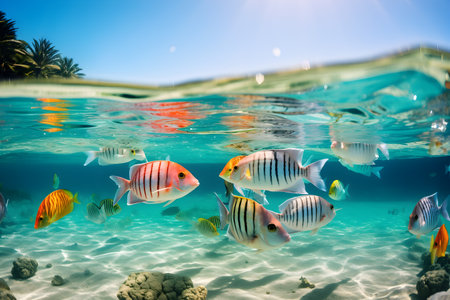 Colorful tropical fishes in the sea with beautiful beach on background, selective focus. Underwater blue ocean life, ecosystem concept. Generated ai.の素材