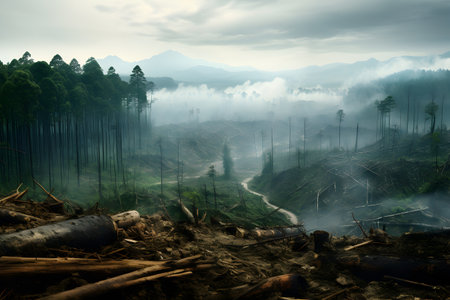 Felled trees in the forest. Selective focus. Process of aggressive lumbering in the forests. Deforestation and forest degradation, natural and environmental calamity concept. Generated ai.の素材