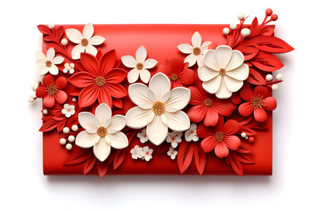 Paper cut red and white flowers on red envelope on white background. Greeting card for holiday or event. Handmade craft creative concept. Floral background. Generated ai.の素材