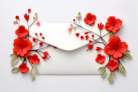 Paper cut red and white flowers on white envelope on white background. Greeting card for holiday or event. Handmade craft creative concept. Floral background. Generated ai.の素材