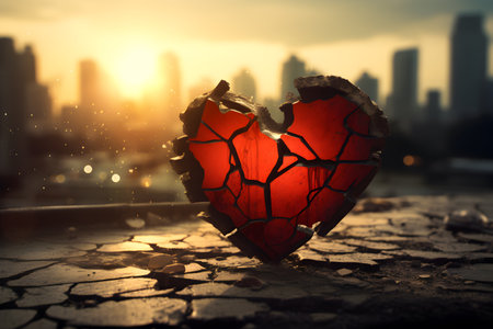 Broken red heart on cracked dark background against blurred city view with bright sunlight. Selective focus. Separation and divorce, broken love, the end of love, heart disease, loneliness concepts. Generated ai.の素材