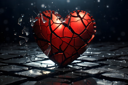 Broken red heart on cracked dark background. Selective focus. Separation and divorce, broken love, the end of love, heart disease, loneliness concepts. Generated ai.の素材