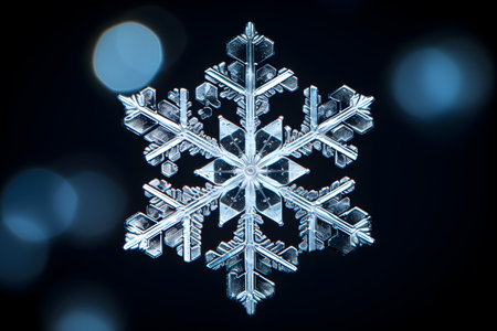 White crystal snowflake close up on black background with bokeh macro photography. Winter or Christmas card or invitation. Generated ai.の素材