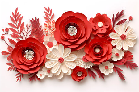 Paper cut red and white flowers on white envelope on white background. Greeting card for holiday or event. Handmade craft creative concept. Floral background. Generated ai.の素材