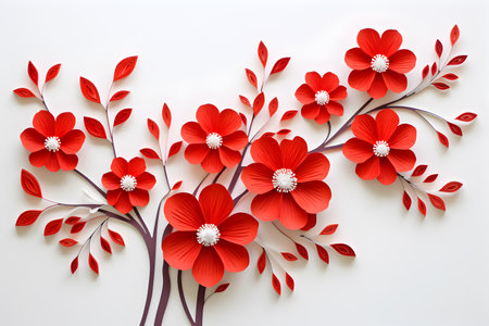 Paper cut red and white flowers on white background. Greeting card for holiday or event. Handmade craft creative concept. Floral background. Generated ai.の素材