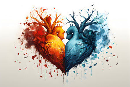 Two orange and blue hearts on light background. Heart disease, medicine concept. Greeting card or background for Valentine Day. Love concept. Generated ai.の素材