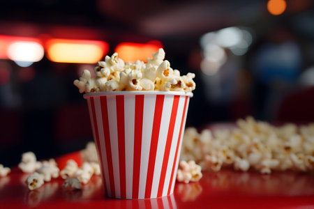 Popcorn in cup close up against drive in cinema on background. Selective focus. Entertainment, leisure activities, hobby concept.の素材