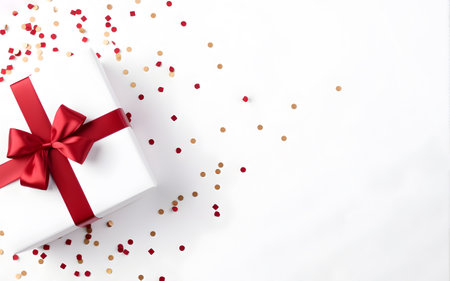 White gift box with red bow on white background view from above. Birthday or other holiday greeting card or invitation.の素材