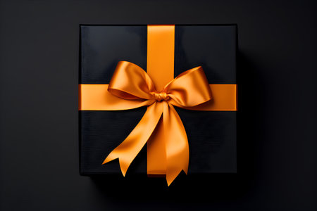 Black gift box with orange bow on black background. Birthday or other holiday greeting card or invitation. Daddy or father day, Black Friday concept.の素材