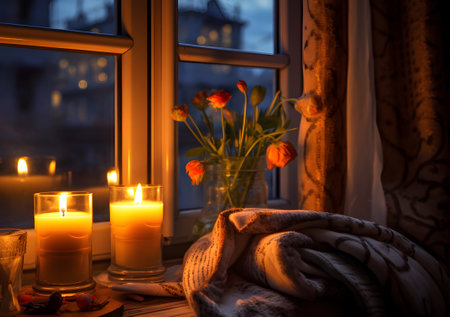 Evening background with burning candles near the window with blurred street view at night. Romantic or relax at home concept.の素材