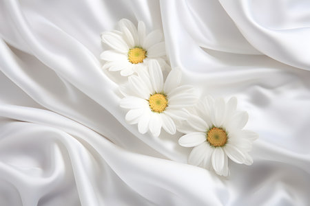 Two white daisy flowers on white silky fabric close up. Tenderness, wedding or other concept. Greeting or invitation card.の素材
