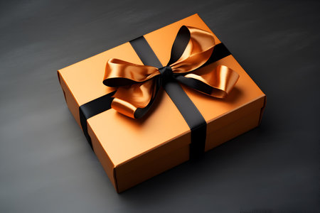 Orange gift box with black and orange bow on black background. Birthday or other holiday greeting card or invitation. Daddy or father day, Black Friday concept.の素材