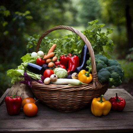 Fresh organic various vegetables in wicker basket on wooden table in garden. Selective focus. Harvesting concept. Healthy background.の素材