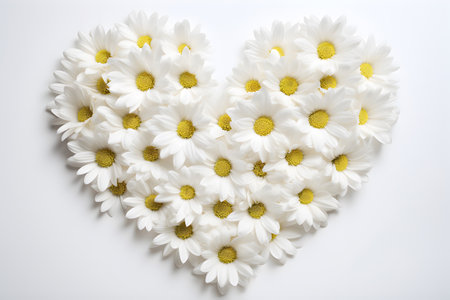 Heart formed from white daisies on white background view from above. Spring or holiday greeting card or invitation.の素材