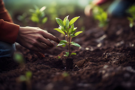 Planting trees close up with selective focus. Working in the garden. Environment day planting forest, nature, ecology, care and save world concept.の素材