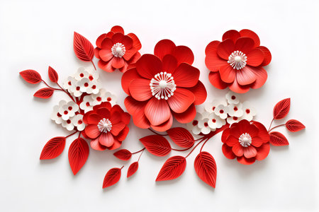 Paper cut red and white flowers on white envelope on white background. Greeting card for holiday or event. Handmade craft creative concept. Floral background.の素材