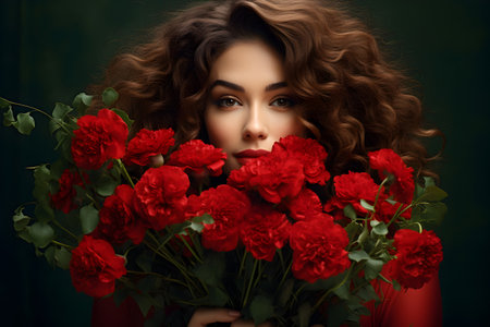 Beautiful brunette woman with long curly hairs holding big beautiful bouquet of red flowers close up in her hands. Date, Valentine Day or other holiday or event concept.の素材