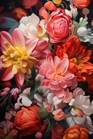 Various flowers close up. Floral vivid bright blossoms background. Holiday greeting or invitation vertical card.の素材