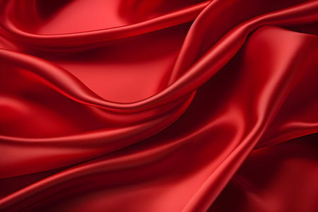 Red silky fabric close up. Fabric texture of natural silk or other textile material. Valentine day background.の素材