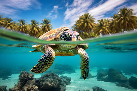 Big turtle swimming in the sea world with tropical beach on background, selective focus. Underwater blue ocean life, ecosystem concept.の素材