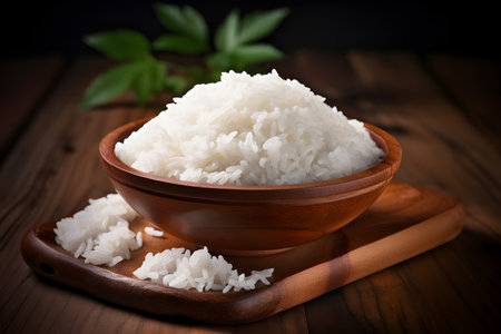 Prepared rice in bowl for cooking asian food rolls or sushi close up on wooden board. Selective focus. Asian food concept.の素材