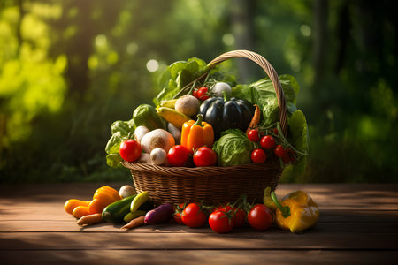 Fresh organic various vegetables in wicker basket on wooden table in garden. Selective focus. Harvesting concept. Healthy background.の素材