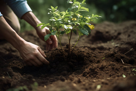 Planting trees close up with selective focus. Working in the garden. Environment day planting forest, nature, ecology, care and save world concept.の素材