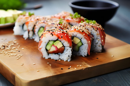 Asian food rolls or sushi close up on wooden board. Selective focus. Asian food concept.の素材