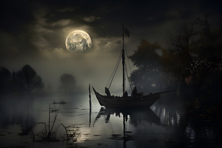 A spectral pirate ship sails amidst the eerie silence on a fog-covered lake reflecting the full moon, its undead crew preparing for a spectral Halloween treasure hunt.の素材