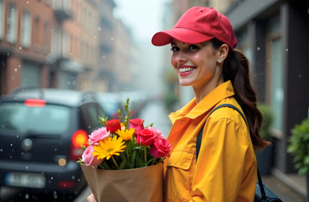 A cheerful woman in a red cap and yellow jacket holding a colorful bouquet on a rainy urban street. Perfect for lifestyle or promotional visuals. Flower delivery concept. Selective focus.の素材