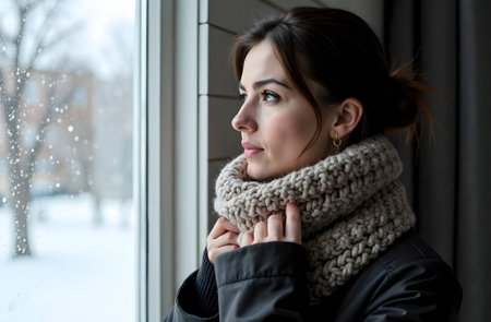 A woman in a knitted scarf looking thoughtfully out a window on a snowy day. Perfect for winter fashion campaigns or contemplative lifestyle blogs. Selective focus.の素材