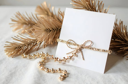 Luxurious holiday card with copy space adorned with a glittering gold bow and delicate embellishments, paired with golden pine branches for a festive touch. Selective focus.の素材