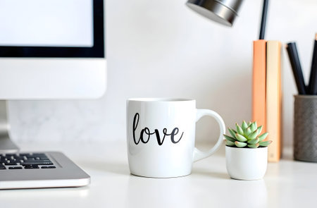Cozy office decor with a mug showcasing love text and a succulent plant, great for home office themes or personal branding ideas. Selective focus.の素材