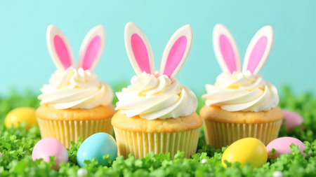 Adorable Easter-themed cupcakes with bunny ear toppers surrounded by colorful eggs and grass, perfect for festive dessert promotions or holiday designs. Selective focus.の素材