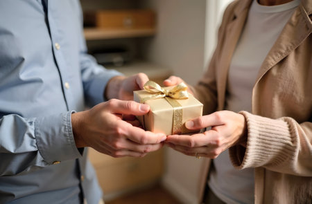 A close-up of hands exchanging an elegant gift wrapped in gold ribbon, perfect for holiday campaigns or luxury gifting promotions. Selective focus.の素材