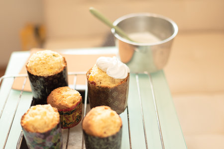 Homemade Easter cakes are ready to decorate at home. Selective focus. Happy Easter concept. Process of cooking at home. High quality photoの写真素材