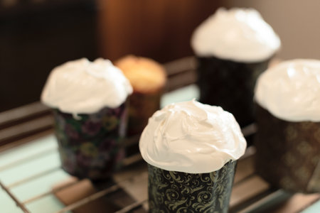 Homemade Easter cakes are ready to decorate at home. Selective focus. Happy Easter concept. Process of cooking at home. High quality photoの写真素材