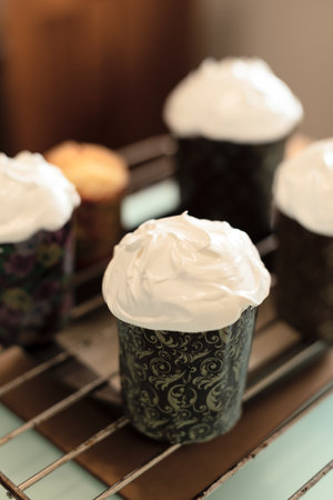 Homemade Easter cakes are ready to decorate at home. Selective focus. Happy Easter concept. Process...