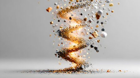 This abstract illustration features swirling particles and dust forming dynamic spiral effect, emphasizing motion and energy against soft gradient background, creating a captivating visual experienceの素材