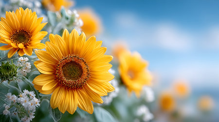 Bright yellow sunflowers are prominently displayed in full bloom, surrounded by white flowers, set against a serene blue sky, creating a cheerful and uplifting ambiance in natureの素材