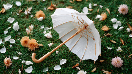 A white umbrella is placed on vibrant green grass, surrounded by an array of colorful flowers and scattered petals, evoking a peaceful and serene outdoor settingの素材