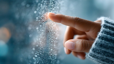 A close-up view of a hand reaching out to touch a foggy glass surface, droplets of water glistening, creating a dreamy ambiance with soft bokeh lights in the backgroundの素材