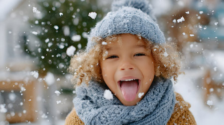 Young child with curly hair, dressed warmly in a blue hat and scarf, joyfully sticking out tongue as snowflakes fall around, creating a magical winter atmosphere filled with excitementの素材