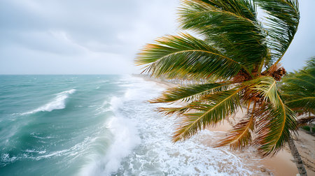 Palm trees are swaying in the wind along a stormy beach, with crashing waves and a cloudy sky, creating a dramatic coastal atmosphere filled with movement and energyの素材