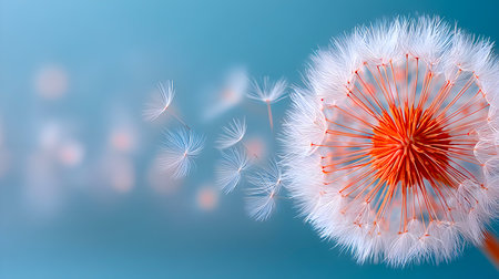 Close-up of a dandelion flower featuring a striking orange center and fluffy white seeds gently blowing away in the breeze, set against a serene blue backdrop, highlighting natures delicate detailsの素材
