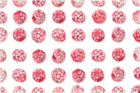 Frozen ripe raspberries on white background. Seamless pattern. Top view. Abstract background.
