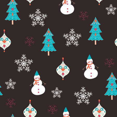 Christmas seamless pattern with snowman, snowflakes and Christmas tree. Winter pattern with snowflakes, wrapping paper, pattern fills, winter greetings, web page background, Christmas and New Year greeting cardsのイラスト素材